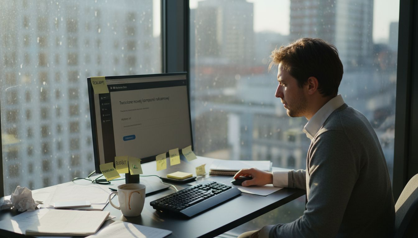 Właściciel firmy konfiguruje kampanię reklamową w Meta, siedząc przy biurku w swoim biurze.