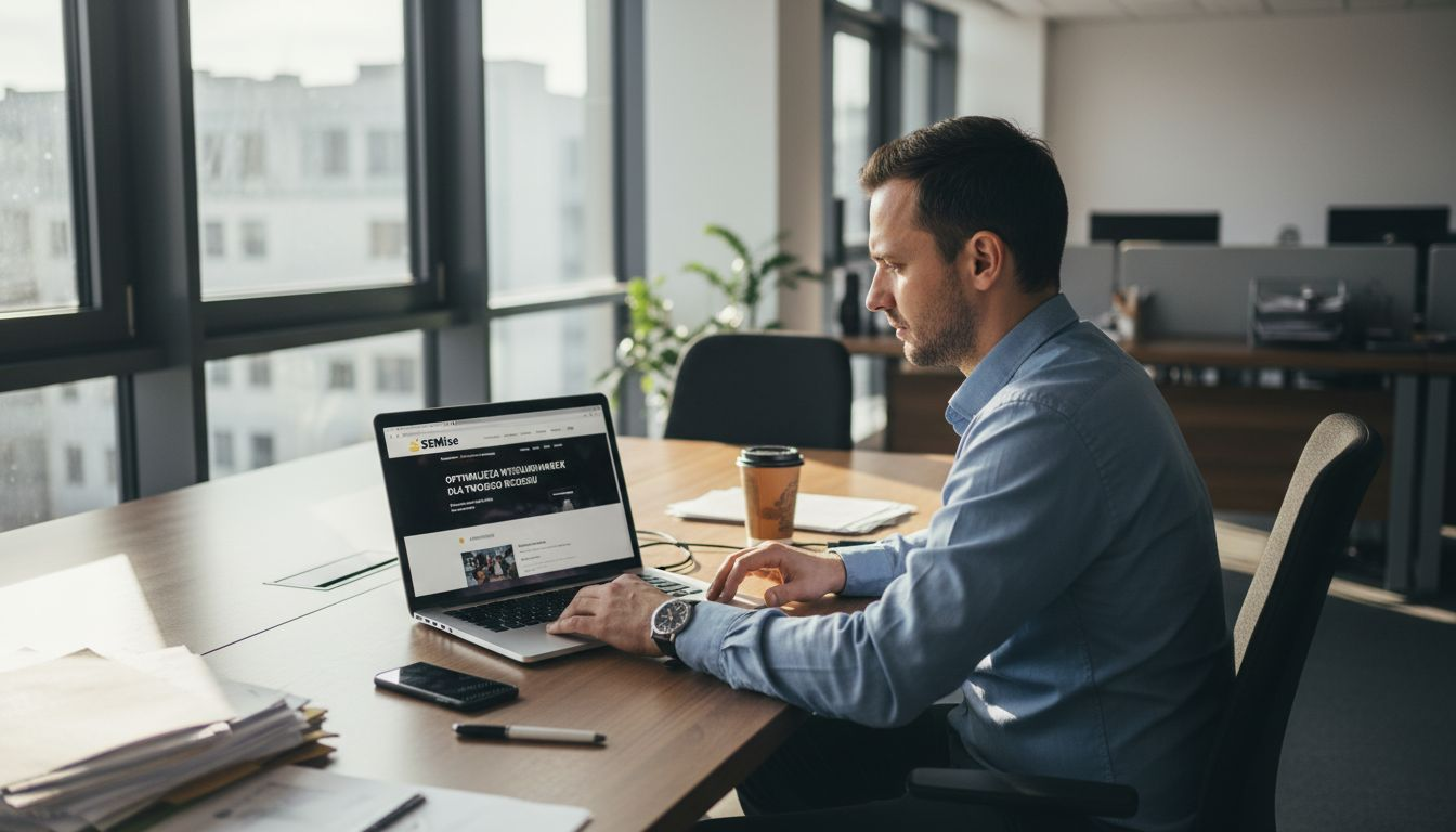Właściciel firmy przegląda stronę internetową swojego przedsiębiorstwa w biurze.