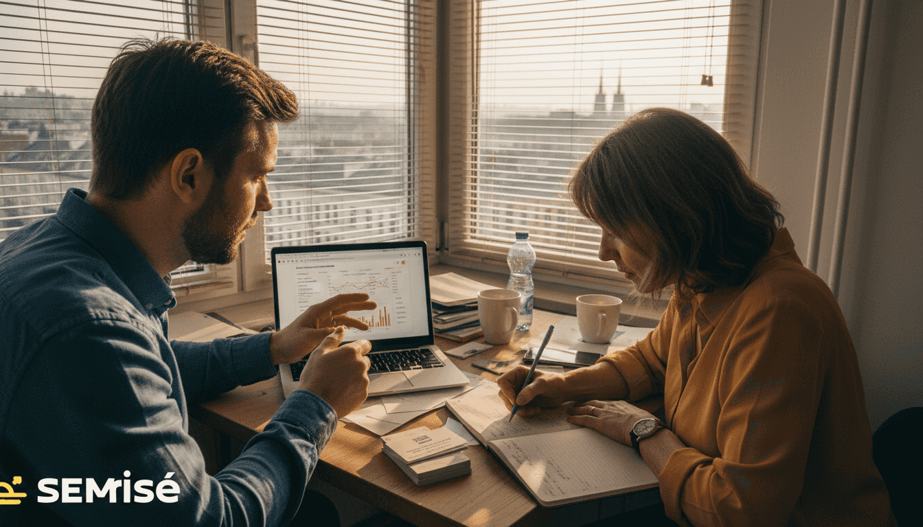 Specjalista ds. SEO omawia wyniki analityki internetowej z klientem w biurze.