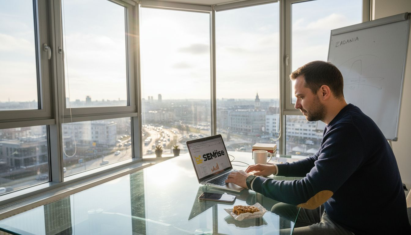 Właściciel firmy analizuje kampanie reklamowe Meta w nowoczesnym, jasnym biurze.