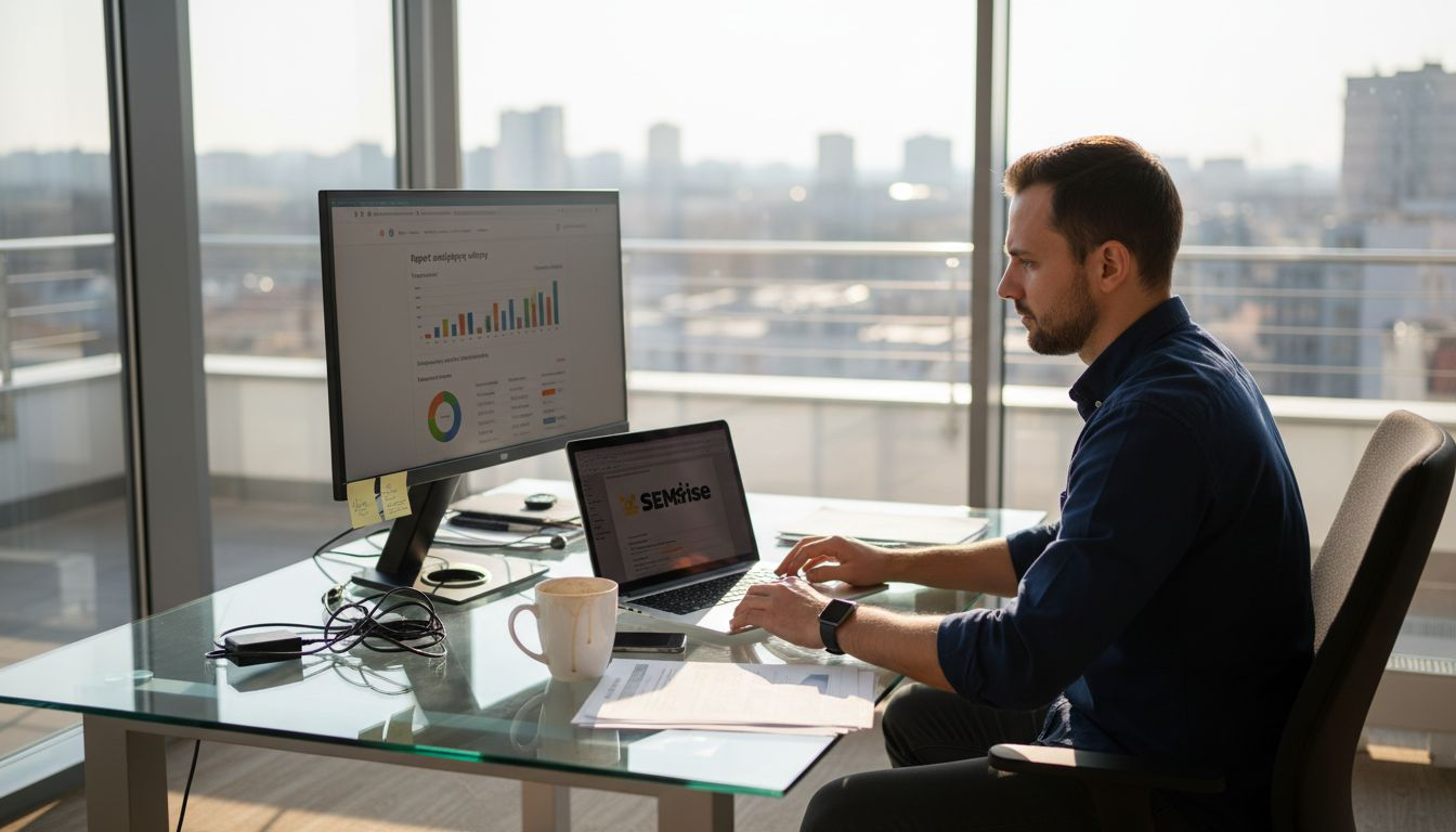 Mężczyzna analizuje raport SEO w biurze w centrum miasta.
