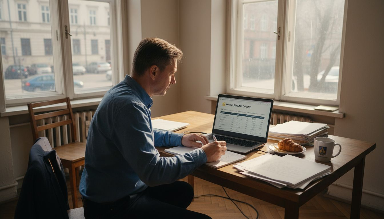 Właściciel firmy przy biurku sprawdza, jak wypadła ostatnia promocja.