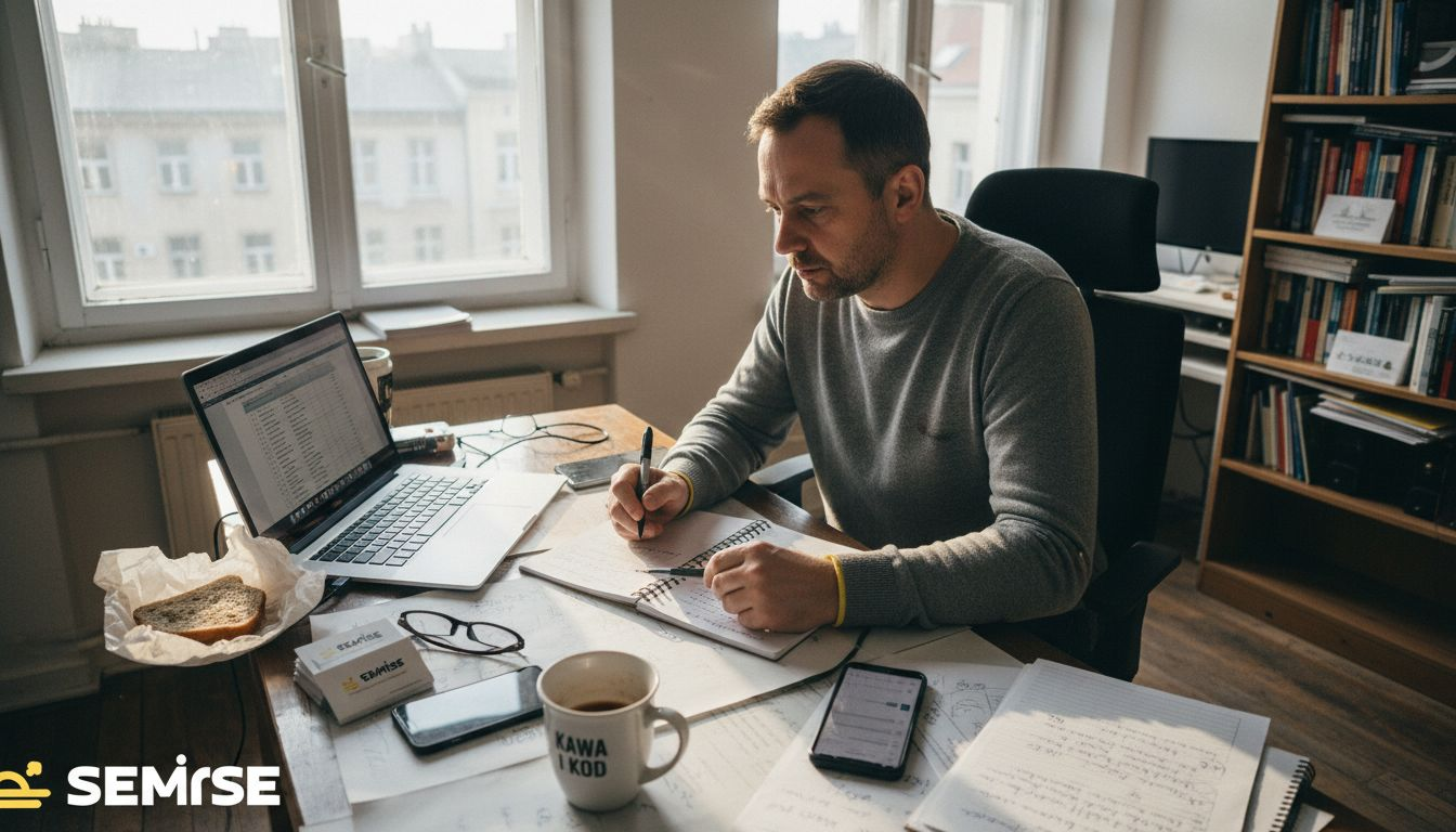 Właściciel małej firmy opracowuje strategię, siedząc przy zagraconym biurku.