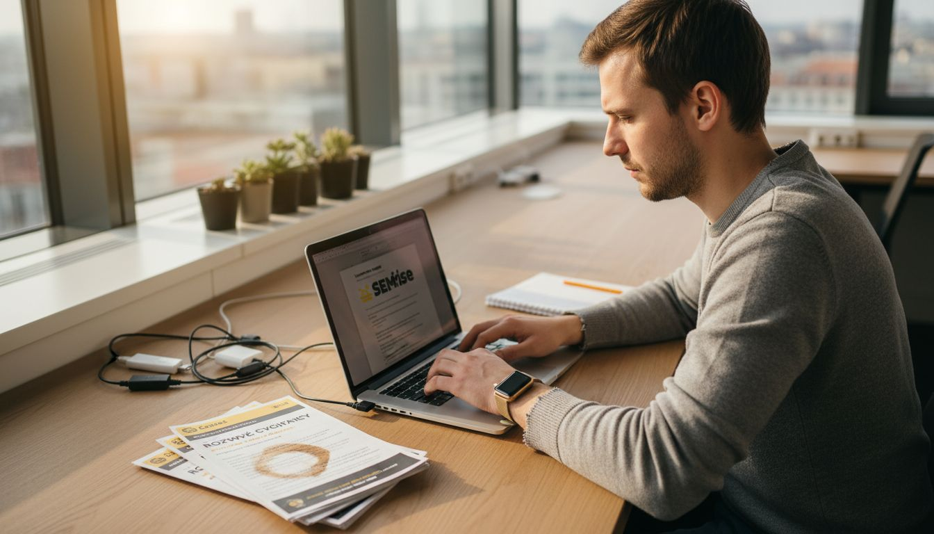 Właściciel firmy ustawia kampanię Google Ads w swoim gabinecie na rogu biura.