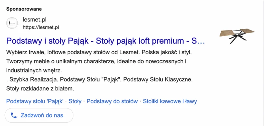 Reklama Lesmet — Wyszukiwarka Google — telefon